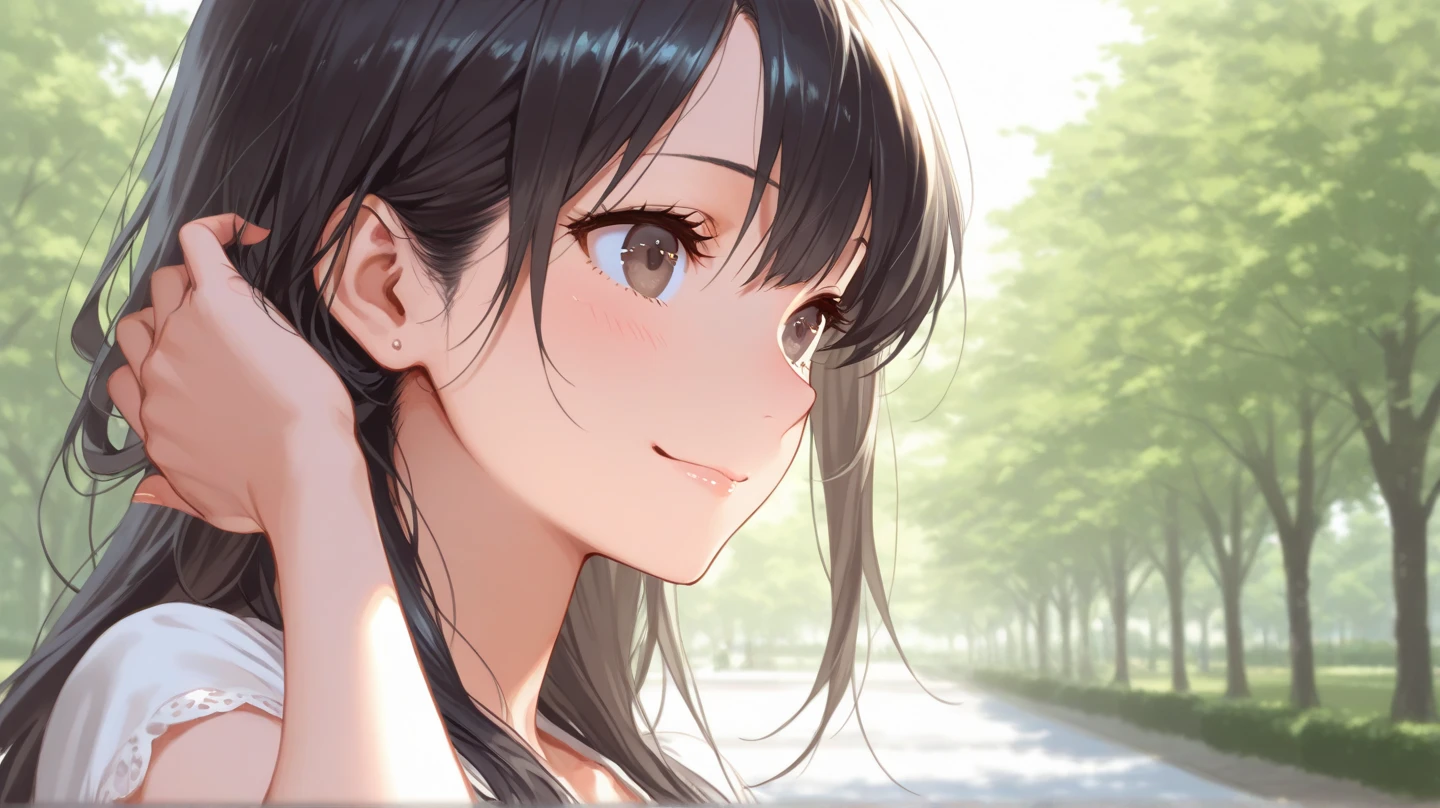 (((Let's think step by step))),Highest quality, masterpiece, Ultra-high resolution, 8k,Show anime style ,Soft Line Art, Digital Enhancement, shojo anime touch, shojo manga core, Flowing fabric, close, Soft Drawing, Ultra-Definition Digital Anime Art, Clear facial depiction, Super detailed girl cartoon character art, Ultra-detailed manga style, Highest qualityの色, (((1People Women))),(A woman with short brown hair),Beautiful brown hair, (((Clear brown eyes))), Slightly chubby,Small breasts,The butt is small,in the forest,White summer clothes,Sunshine shining through the gaps in the clouds,Looking up at the sky,The sunshine hits my face,dazzling,Block the sunlight with your right hand,Bright expression,A kind smile,Angle that allows you to see all the way to your toes