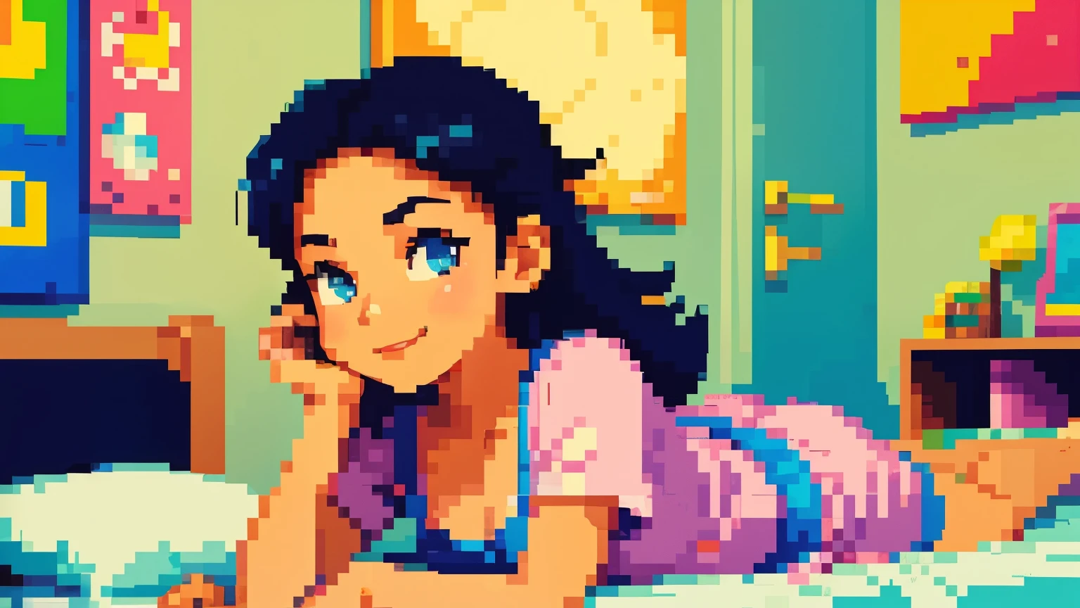 pixel art-style illustration of a beautiful girl。
in an 8-bit style like a retro game、 in a bright pop atmosphere 、a girl who throws a little but with a positive expression is depicted It's there。
the girl is in pajamas looking at her smartphone while lying on the bed。The room is a bit messy、with small items such as posters and calendars on the wall。
with an overall laid-back and powerless atmosphere、and a world view that is somewhat colorful and energizing。