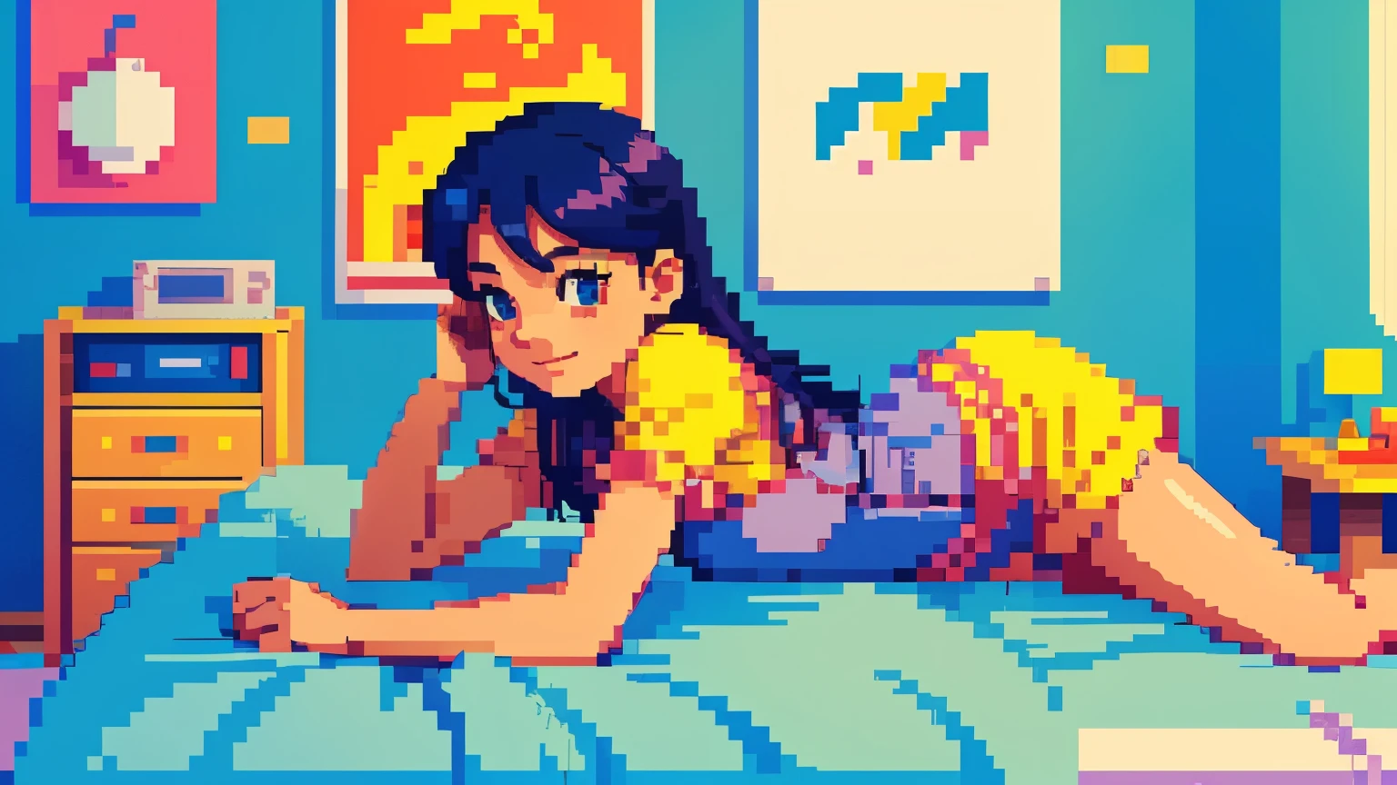 pixel art-style illustration of a beautiful girl。
in an 8-bit style like a retro game、 in a bright pop atmosphere 、a girl who throws a little but with a positive expression is depicted It's there。
the girl is in pajamas looking at her smartphone while lying on the bed。The room is a bit messy、with small items such as posters and calendars on the wall。
with an overall laid-back and powerless atmosphere、and a world view that is somewhat colorful and energizing。