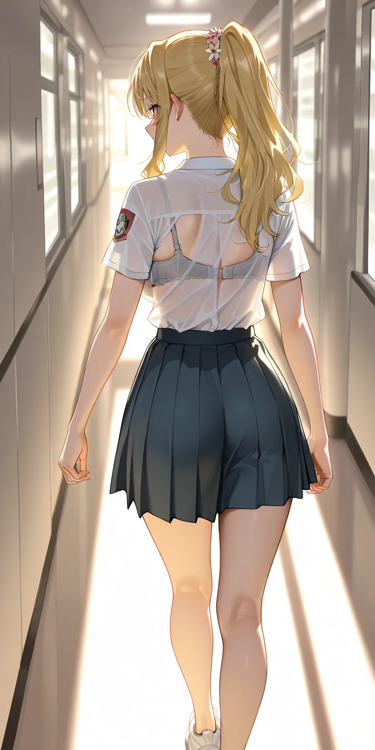 Realistic, Outdoor, 1 wall, Wide-angle,One girl, Blonde、Shortcuts、shy, Embarrassing, Blushed, Troubled face、Angry face、Wide-angle, throw, From below, high school girl、2 hands up,Handcuffs on both hands、Raising both arms above the head、 Hands chained to the wall, Leaning against a wall, 、Pleated mini skirt、(Torn clothes)、Big Breasts, light, shine, (masterpiece), wallpaper