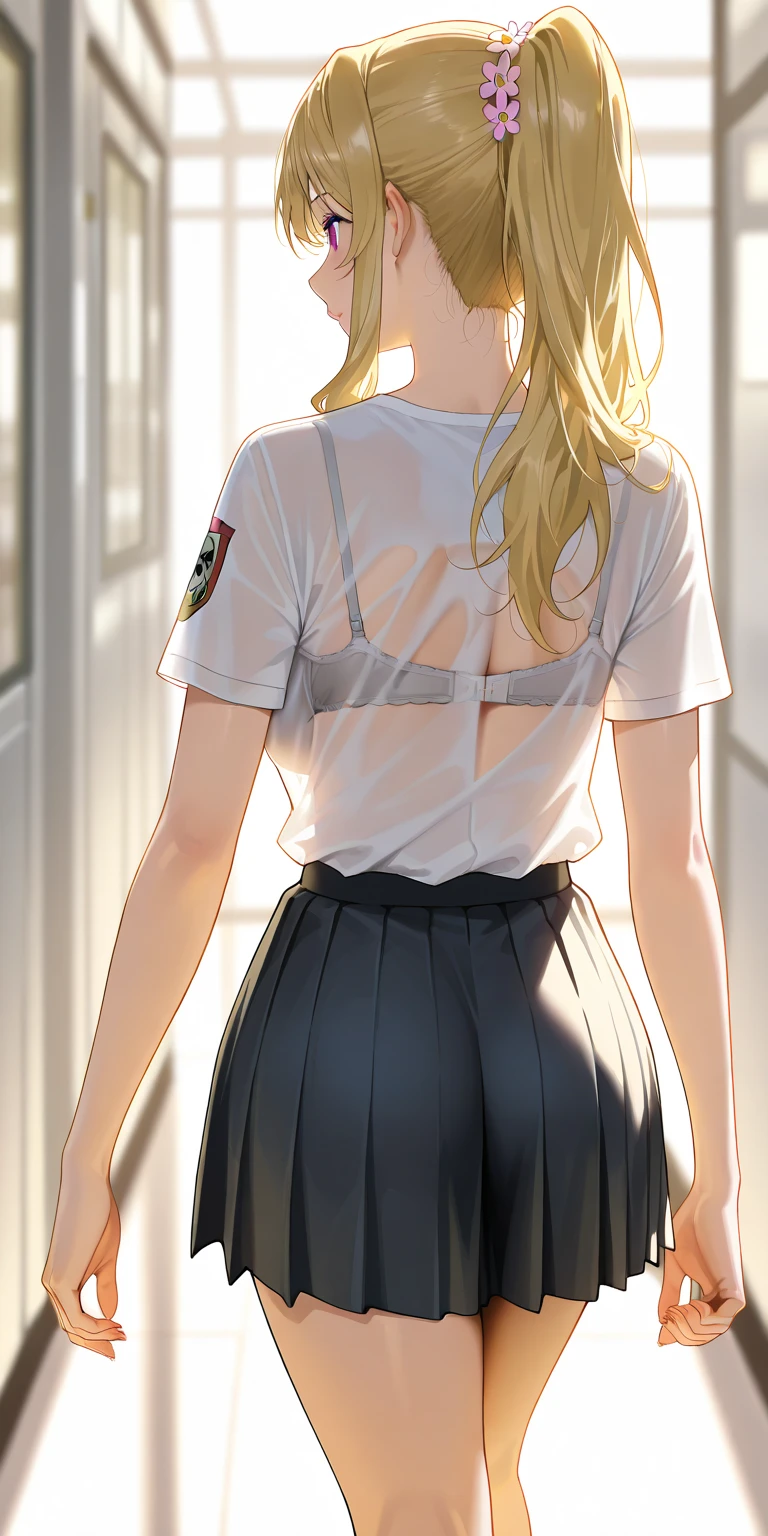 Planya Channel, vtuber, with short yellow hair in black pajama shorts, matte shorts, Back turned,  strong forward lean of the body, very protruding butt, back full screen, big buttocks, simple background, Ultra-high image quality, 8 K, wet formal white shirt,