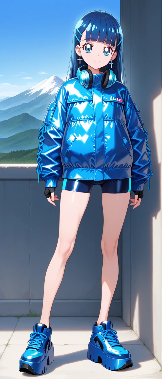 Green eyes,Gray hair,White top and jacket,There are traces of blue embellishment。Brown trousers,Blue leg ring on left leg,sports shoes,Girl,flat chest