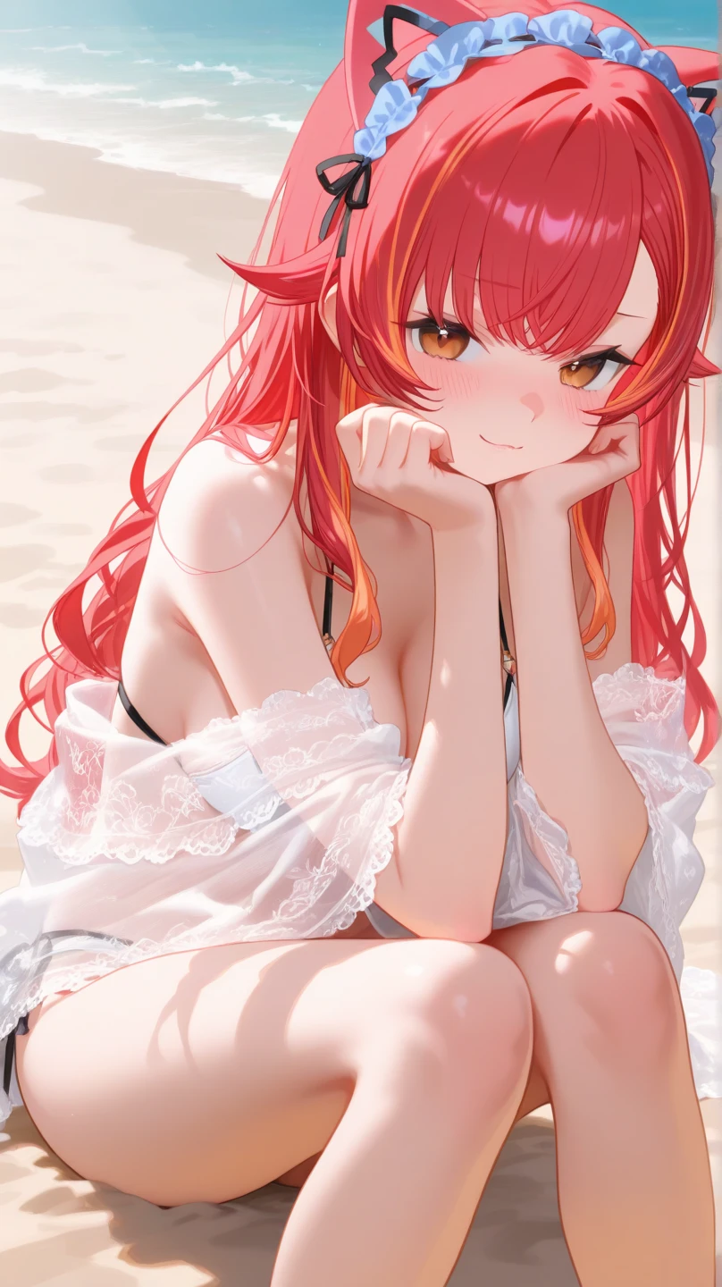 itsukinakano, Itsuki Nakano, bangs, blue eyes, hair between eyes, Ahoge, redhead, star \(symbol\), hair ornaments, star hair ornaments,long hair,Braid bed rock,white off shoulder dress,bare shoulders,bare clavicle,naked neck,white long skirt,Cute Sandals,Under the roofでrain宿りしている,wet hair,wet skin,wet clothes,rain,cloudy sky,the sun is hidden,
break outdoors,Under the roof,
break (masterpiece:1.2), highest quality, High resolution, unity 8k wallpaper, (figure:0.8), (detailed and beautiful eyes:1.6), highly detailed face, perfect lighting, Very detailed CG, (perfect hands, perfect anatomy),
