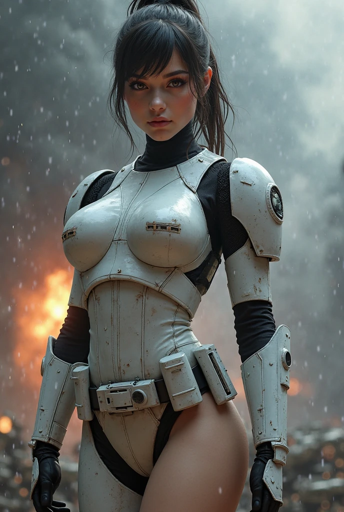 ((Alexandra Daddario), 4lex4ndr4, smiling, voluptuous, posing, belly button pocket on suit, black nipple markings on suit, ((white and red storm trooper armor)), red arm cape, very intense makeup, bright red lipstick, red shoulder pauldrons, crimson corset, white leather tights, red beret,