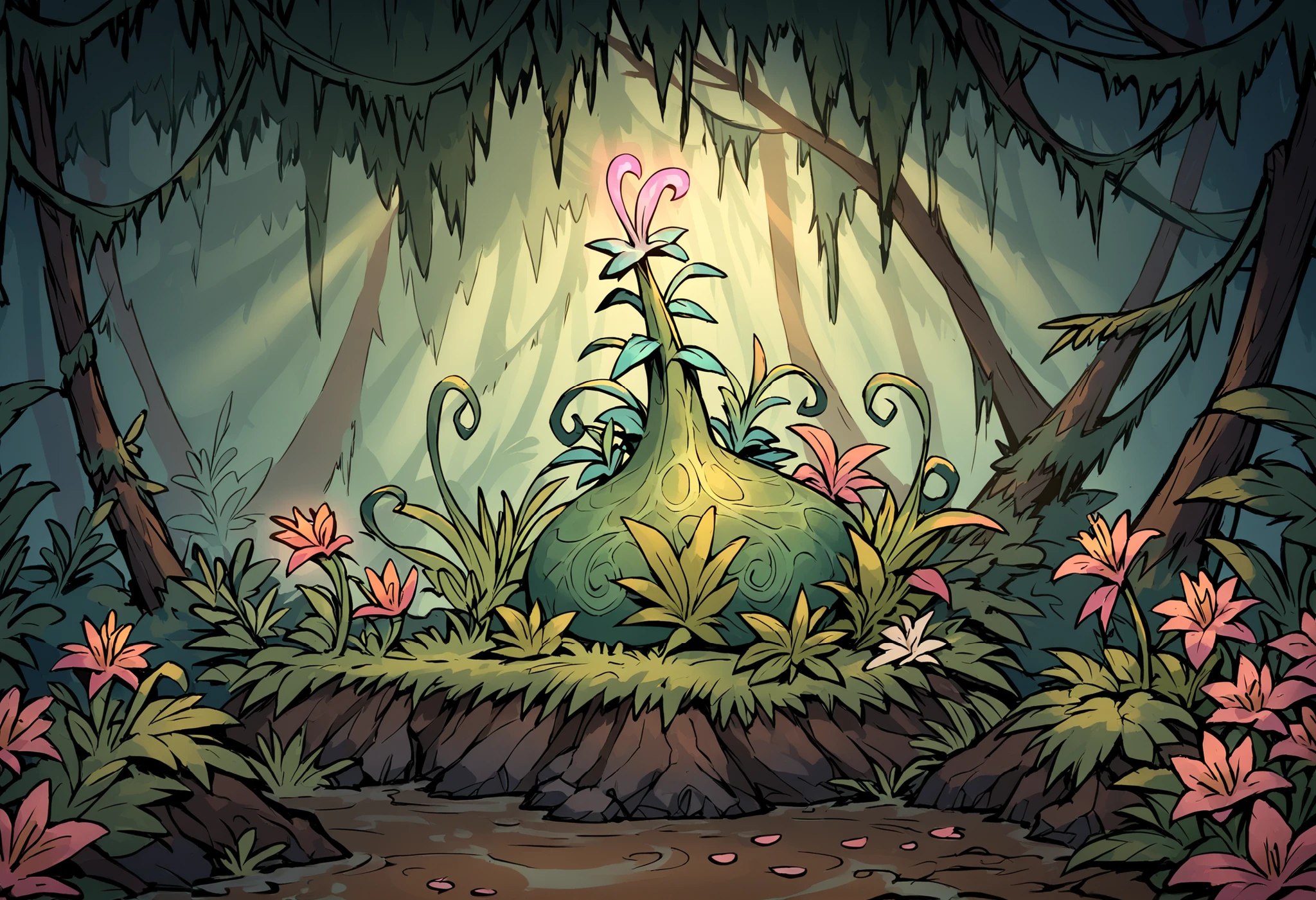 detailed art of fantasy flower. tropical magical jungle, glowing bioluminescent plants, large pink mystical flower, bone-like green stem, round-shaped petals, transparent water-filled flower, fantasy exotic flora, mysterious aura, enchanted vegetation, ambient sunlight clearing, no beasts, no humans. no characters. surreal oversized plant, soft forest mist, botanical wonder, wild jungle. detailed fantasy flower.