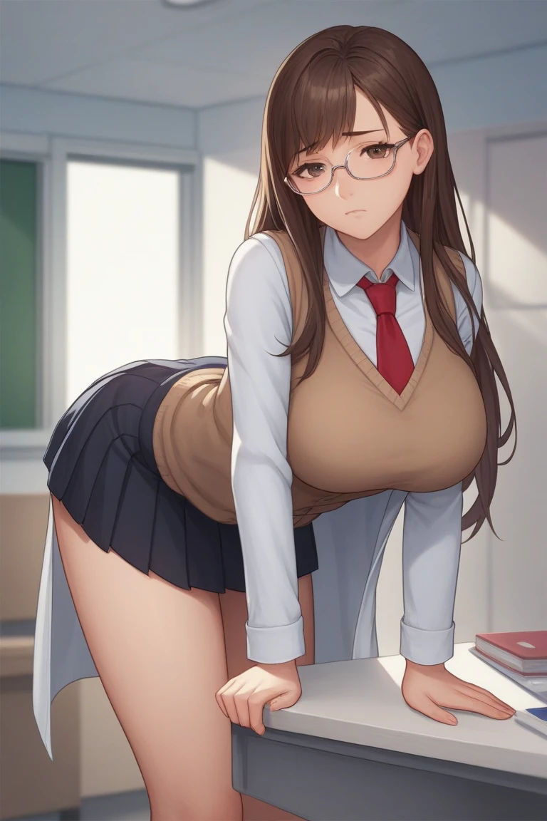 (Masterpiece, best quality, high quality) vived colors, anime_coloring (line art:1.1), feet out of frame, cowboy_shot, (from_below:1.2) (looking at viewer) (closer:1.5)
(looking_down:1.2) close (spread_legs:2.0)
1girl, solo, glasses, old_woman (mature_female:1.6)(black_hair:1.2) red_eyes, hair_between_eyes, medium_breasts (sagging_breasts:1.6), (alternate breast size:1.6), (teacher) , ass_visible_through_thighs, (plump:1.2) curvy, ((no_panties)) (miniskirt) (cleft_of_venus:2.0) BREAK gym storeroom,