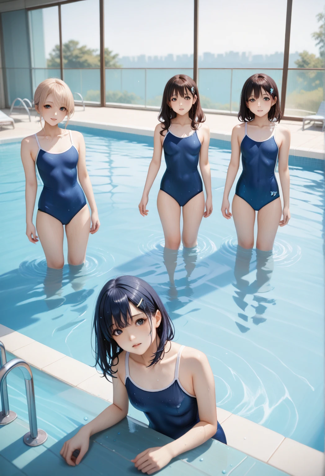 Highest quality、High resolution、Detailed Background、(Beautiful face in every detail:1.4)、Anatomically correct、(Detailed facial expressions)、(fine grain:1.2)、8-year-old beauty、cuteカラーの髪色、Braided Ponytail、Braided bob cut、Braided twin tails、Navy School Swimsuit、(Flat Chest)、Perfect body line、Thick thighs、Please show me your whole body、
(Five beautiful girls in school swimsuits having fun in the school pool:1.5)、
Big smile、Laughing with your mouth open、My whole body is wet、My hair is wet too、Fun atmosphere、Embrace each other、cute仕草、cute
