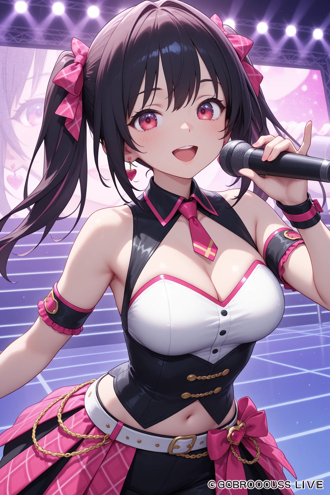 A young and beautiful person,(Highest quality,Extremely detailed depiction,Incredibly absurd high resolution,Anatomically accurate depiction,Nice hands, Perfect Fingers,Curvy Legs),(Glowing Skin,Shiny skin),(Sexy Idol),(Cute idol costumes,Black Leather Jacket:1.3,Cute hairstyle,pantyhose,Choker of Hearts,boots,),eyelash,(Bright pink eyes,Half-closed eyes:1.3,There is cleavage in the chest,A seductive smile,Glossy Lips,Seductive gestures),Sweat,whole body