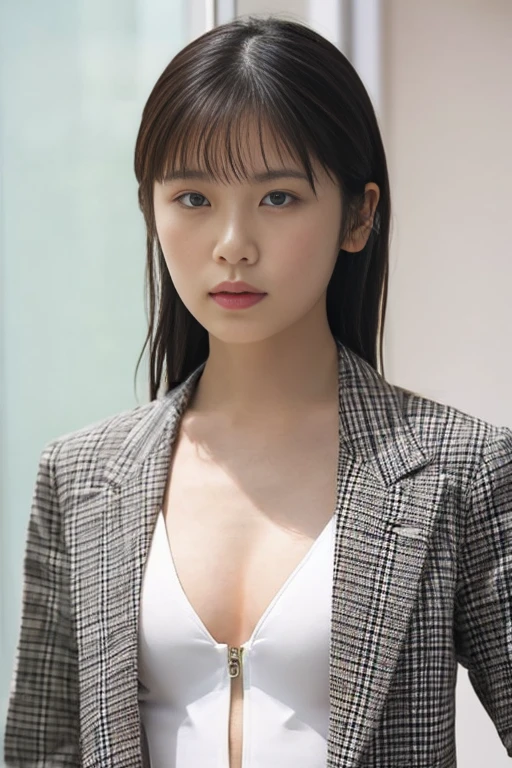 (highest quality,8k,32k,masterpiece,Ultra-high resolution:1.2), (Captures the entire image, even above your head:1.5), ((Mouth closed,Sexy expression:1.2)), ((Medium Hair,Beautiful bangs:1.5)), Positive, Professional Lighting, Flash photography, Shaded photo,((Cleavage:1.5)),((large breast)), ((Plain black background:1.2)), ((black clothes with a wide open chest:1.2, Tight tailored jacket:1.2)), ((I can't look directly at the nipples:1.5, The shape of the nipples is visible:1.6))