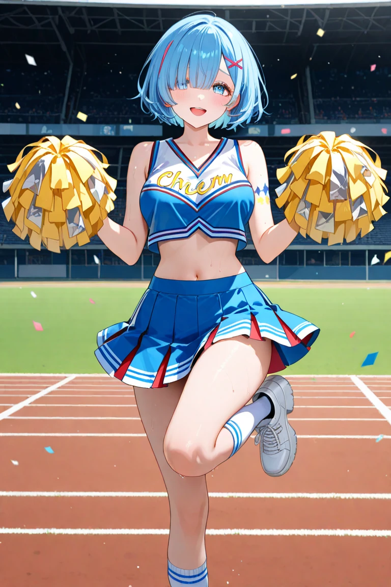 (masterpiece, top quality, best quality, official art, beautiful and aesthetic:1.2), (8k, best quality, masterpiece:1.2), (((masterpiece))), (((best quality))), (((extremely detailed))), illustration, who, (masterpiece, top quality, best quality, official art, beautiful and aesthetic:1.2), (8k, best quality, masterpiece:1.2), 1girl, wearing cheerleader outfit, holding pom poms, stadium, dancing, posing for a photo, cheering up the crowd, (((blonde hair))), twin tails, long hair, medium breasts, turquoise eyes, full body, wide hips, smile,