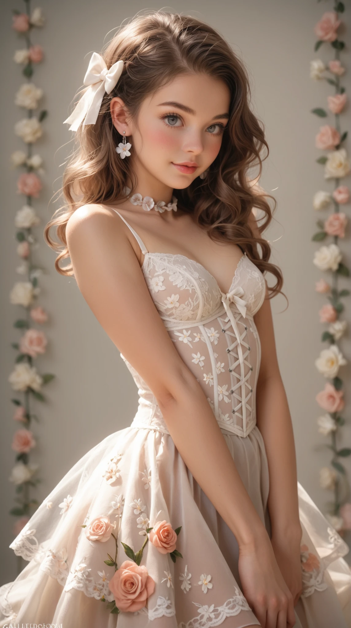 ((well lit room, with rose petal )), (work of art, best qualityer), (1 girl), (standing alone), ((squaret)), face perfect, ((, hair brunette, ,, cinematic light, solny day, dramatic lighting, ultra detail, 8K, dainty, (gothic lace, gothic roses, rich aesthetic)