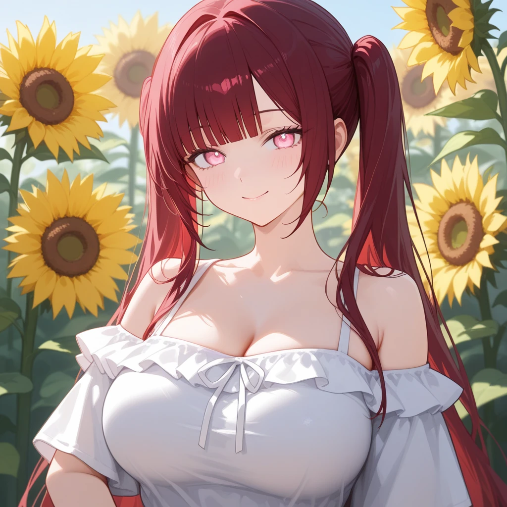 ultra detailed, hyper detailed, best quality, highres, 4K, field of flowers, Hindenburg , looking at viewer, puzzled, happy, , shy, very long hair, wave hair, gradient hair, tall, slender, (gigantic breasts), beautiful breasts , ((ribbed sweater)) ,dappled sunlight,