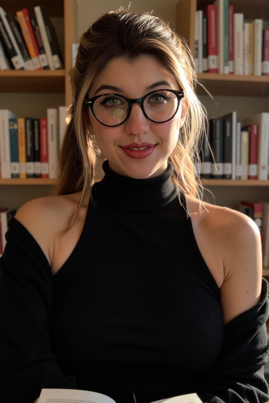 (masterpiece:1.3),(best quality:1.3),8k, highestres, absurdres, perfect composition, delicate, realistic proportions, ultra sharp, beautiful, stunning beauty, beautiful detailed eyes, textured skin, perfect face, Canon50,  perfect shadows,  <lora:Wolvie_andr3ada1mauva11s_v3.11:1>, andr3ada1mauva11s, woman, long hair, wavy hair, portrait, wearing a Sunset Orange turtleneck, in a library, wearing a jacket and glasses,