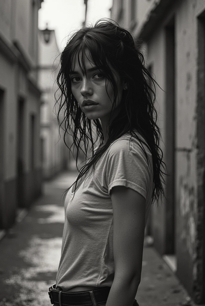 Beautiful girl, messy hair, hasn't showered in a long time, old shirt, has a lot of tears, homeless, 20 years old, thick figure, big breasts, drops by gravity, her cracks are visible, big hips, figure Rounded, sexiest, old building wall, pathetic, taken with a Canon camera (masterpiece),