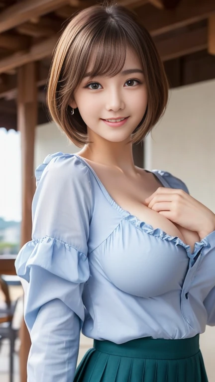 (An 18-year-old woman:A smile:2.2、portlate)、((Open your mouth wide))、((top-quality、超A high resolution))、(Looking at the camera)、Front body configuration、(Photorealsitic:1.4)、1 girl in、masterpiece、(((Transparent white shirt)))、inside in room、blonde hair, High School Uniform Style、cute perfect face、(Open Cafe)、 (Short hair),, depth of fields, Blurry, One-person viewpoint, Wide Shot, Composition of the whole body、cleavage of the breast、Bcups