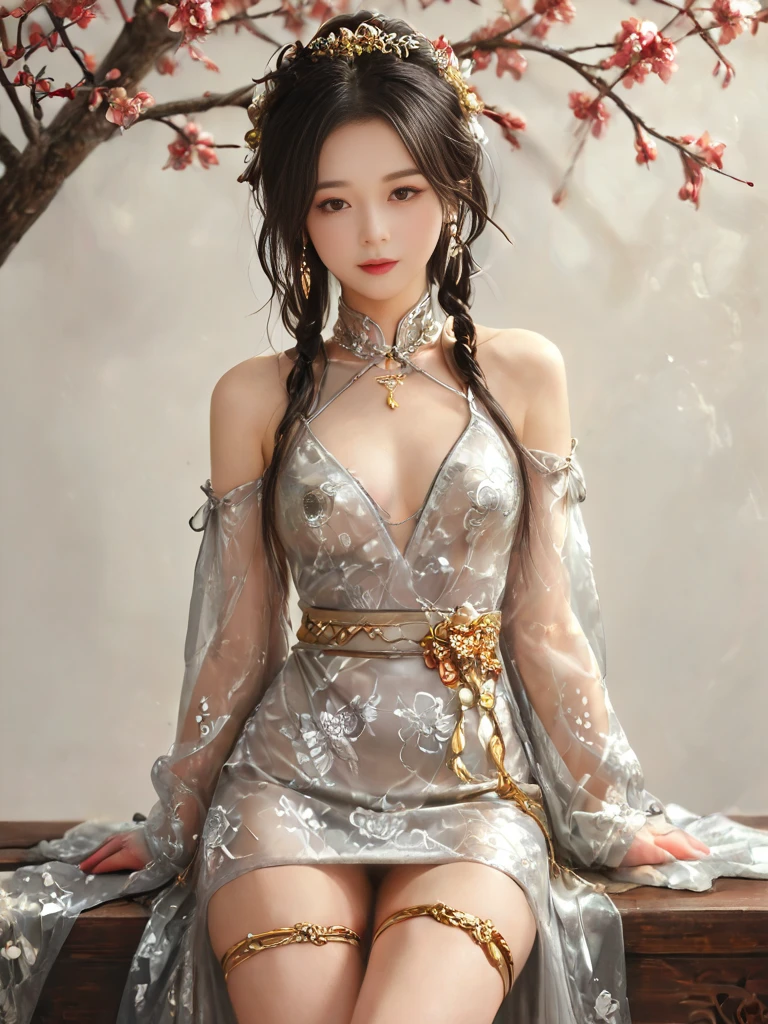 8K, ultra hd, masterpiece, 1 girl, very long hair, detailed eyes, glossy lips, ((silver clothes)), (translucent silver lace:1.5), skirt, (jewellery:1.5), ray tracing, ((mountain)), river, morning, cherry blossom leaf falling, sitting,