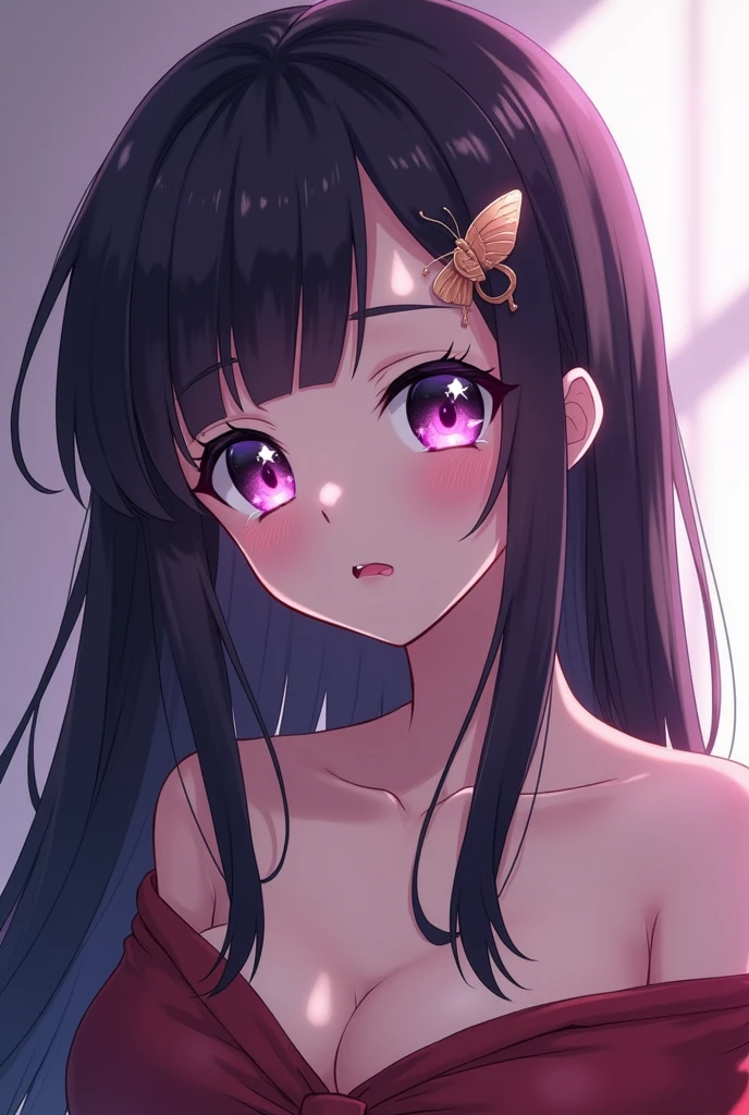eropose, all fours , masterpiece, Hoshino Ai, long hair, purple hair, streaked hair ,purple eyes, star-shaped pupils, hair ornament, lingerie, sexy, shy face , from below