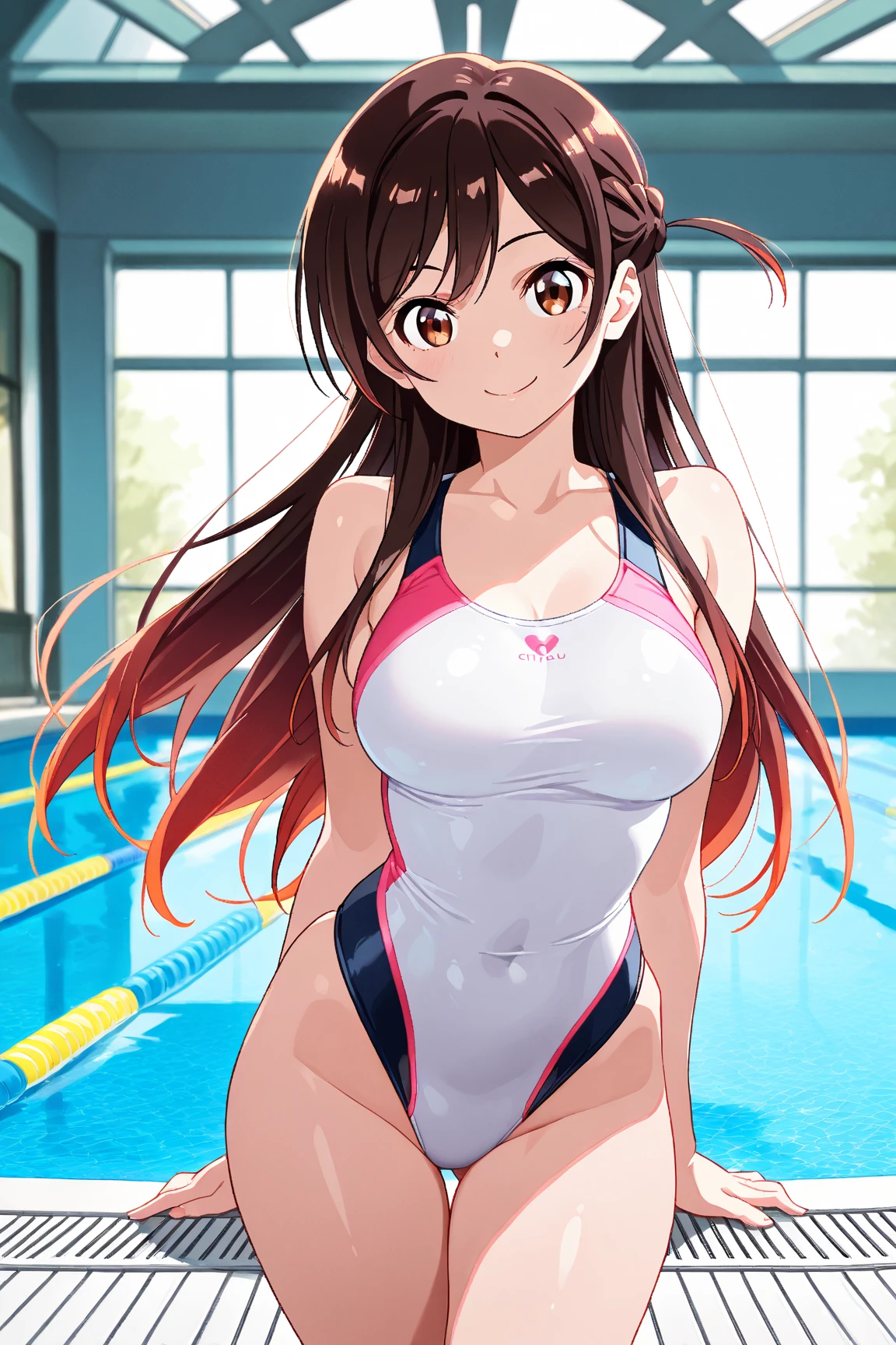 A beautiful woman with long hair, big breasts, beautiful legs, and a sharp face is standing in a changing room with her legs spread apart in a red competitive swimsuit.。