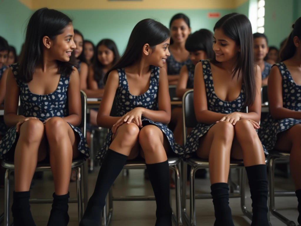 Indian college girls wearing bra and panty kneeling down holding ears in corridor outside class room door in punishing facing wall 