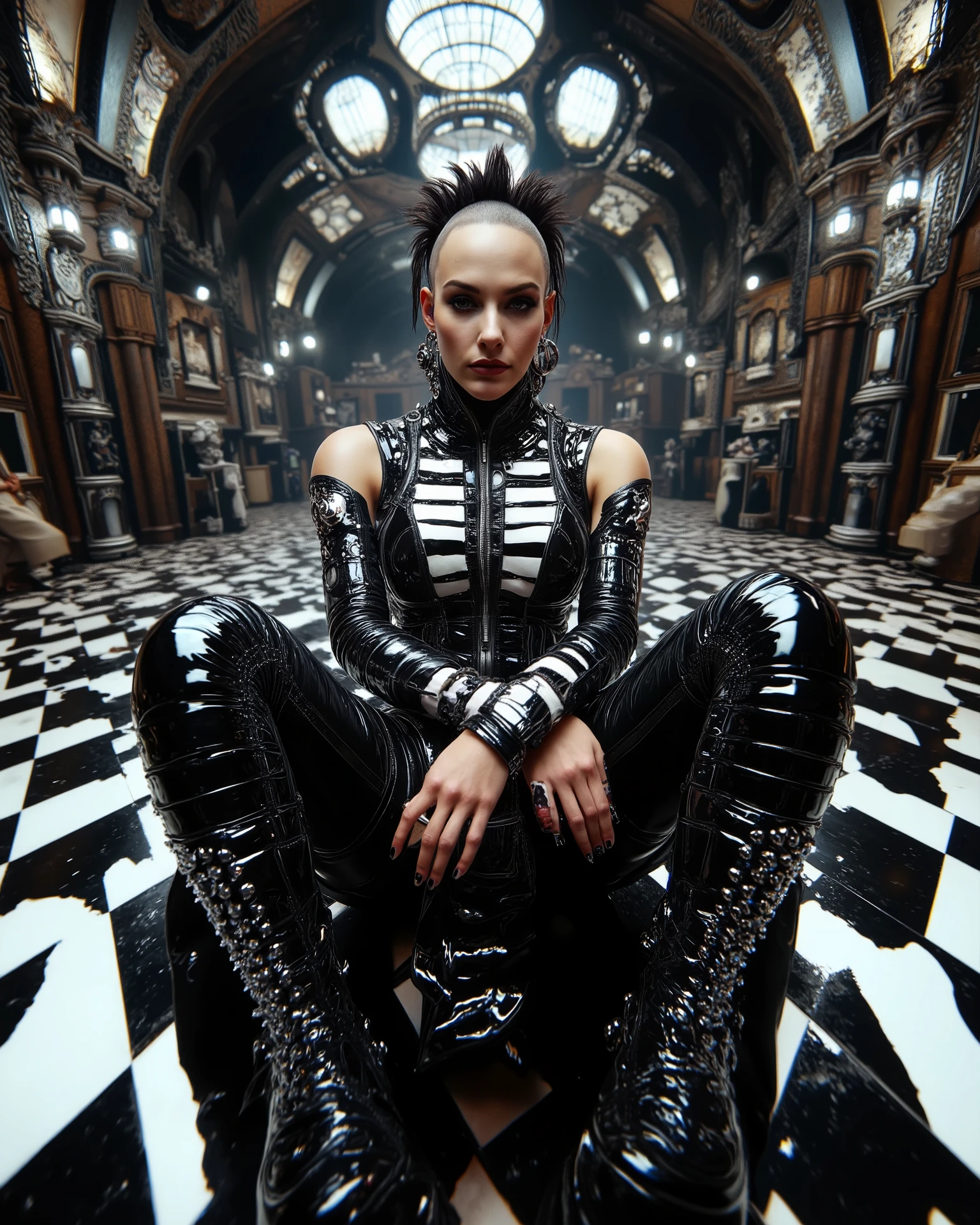 In an environment such as a checkerboard A surreal work that represents a Nordic woman fashion model.  The beautiful punk metal woman wears black leather clothing and spikes with huge platform boots that combine intricate details with abstract and geometric shapes, It integrates seamlessly into the environment. with complex, with a surrealistic structure. The person wears black and white striped clothing that combines intricate details with abstract and geometric shapes and a shaved head,   The background has a kaleidoscopic effect with black and white patterns. The general environment in their heads is dreamy, that turns the uterus upside down 