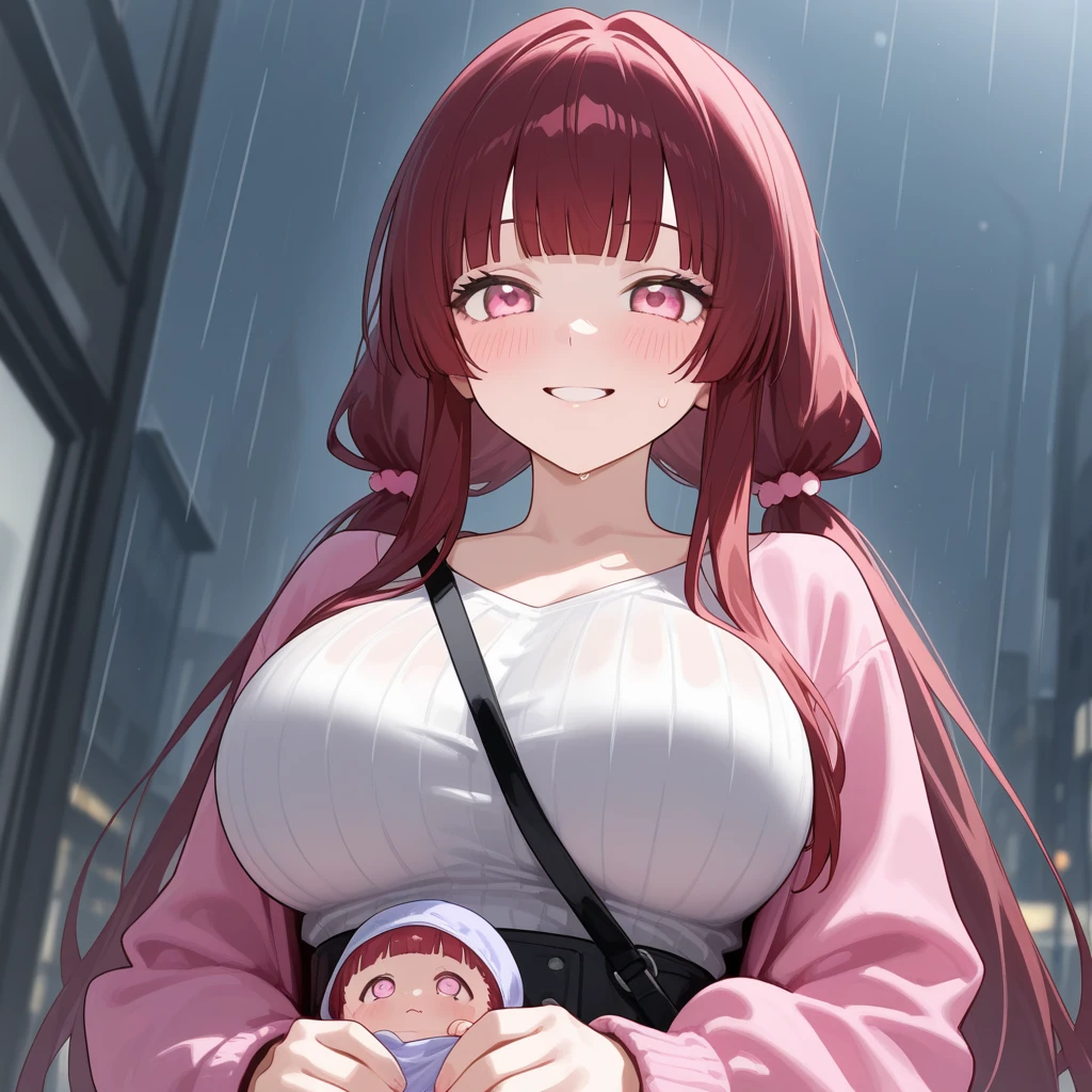 masterpiece, best quality, high resolution, pink sweater, belt, Black jacket, Pink scarf, Cowboy shooting, permanent, street, snow,(Pregnant,Huge Breasts:1.8),Soaked