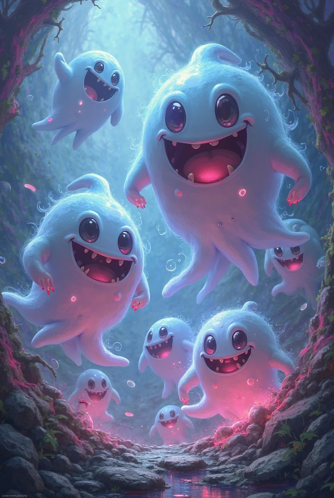 White Ghost, cute little, floating in dark ruin, Slime-like texture