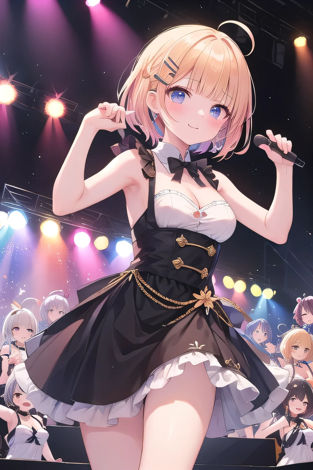 (masterpiece, top quality, very aesthetic, 4k、illustration), intricate detail, 1woman,、contrapposto 、,(cowboy shot)、Dancing,(star-shaped pupils),Cute 、pose、happy smile、Random Hairstyle、Random Hair Color、,middle hair,sidelock ,Random Color　eyes、idol clothes、small breasts、Slim 、