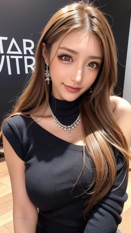 blush a little and smile, (Top quality masterpiece:1.2) Delicate illustrations, Very detailed, /Beautiful Japanese Woman、1 person,Very cute and slim、Great style 、((8k images、super high quality))、Very delicate face, Big Breasts、Skin and Hair、beautifule forehead、Red lipstick、(((((Mid-length hair、Blonde、lure))))),Very cute Japanese cut face、Eyes and nose are clearly visible、Kind eyes,((((Black sleeveless fashion))))