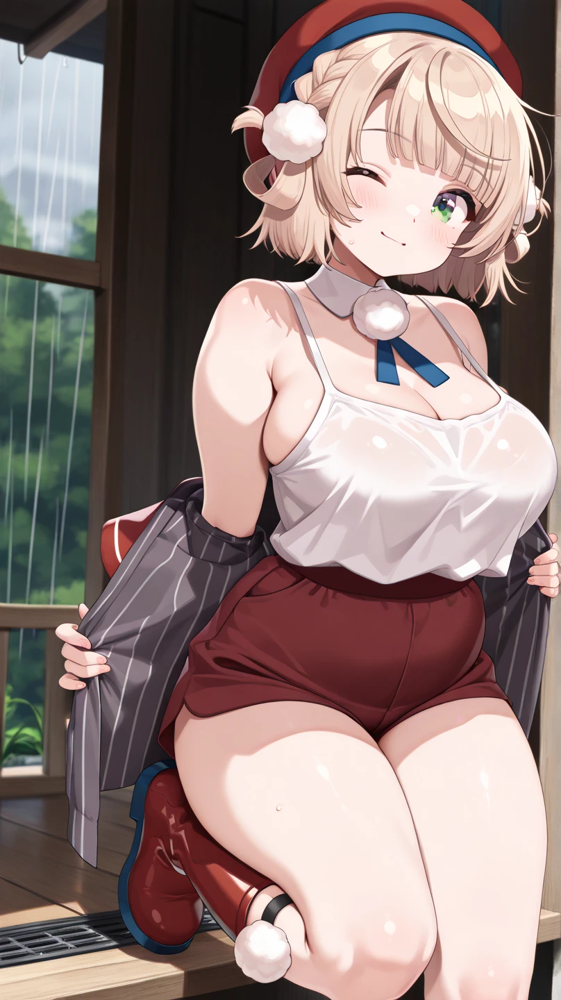 Anime illustration、highest quality、A short and voluptuous high school girl traveller、Airports in Snowy Regions、Perfect proportions、overwhelmingly big breasts、Beautiful, shining eyes、Blushed、smile、Cowboy Shot