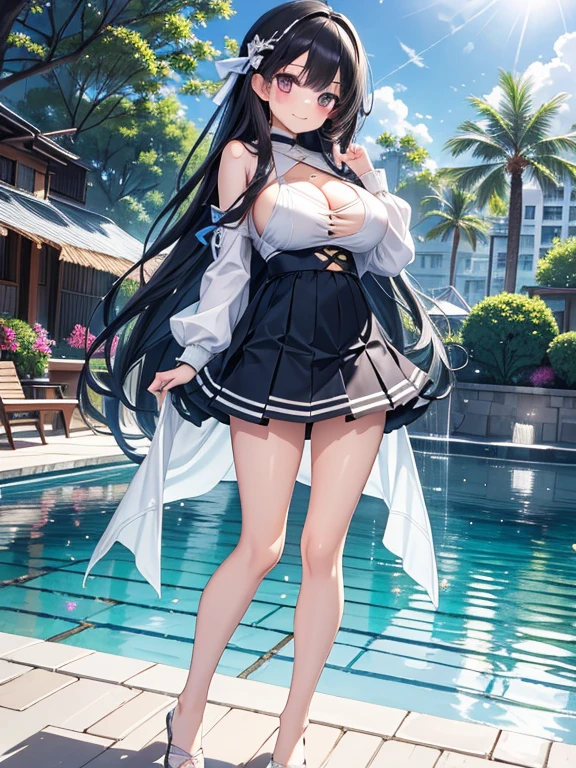 perfect anatomia:1.1、Soio、Japan beautiful girl、Looks like an idol、High neck dress swimsuit(Competitive swimsuit)、Maid style bikini、Poolside with blue sky、a beautiful slender girl、Full body depiction、Slender and beautiful legs、A smile、10yaers old、elementary student、wide Shots、highleg、Straight long hair、Wet texture