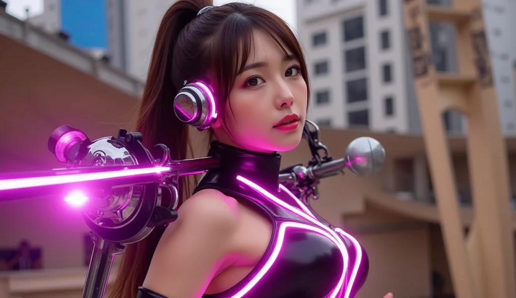 (highest quality、4K、8k、High resolution、masterpiece: 1.2)、Very detailed、(Genuine、Realistic、Realistic: 1.37)、SF、Beautiful young woman、so beautiful、Bounty Hunter、Cybernetic Weapons、Cyberspace、High-tech City、Shining neon lights、((Futuristic Fashion))、((Skin-tight light pink metallic outfit))、Mythical creatures、(Intense action)、(Sexy pose)、(Excited expression)、Fast-paced、Exciting soundtrack、explosion、advanced technology、Crisp contrast、Gritty atmosphere、Black Market Trading、Skyline at night、Steampunk element、Laser gun combat、Hidden alleys、hovering drone、Enhanced Vision、The unforgiving metropolis、Cybernetic Implantysterious informant from a secret organization、High Speed Chase、Impressive acrobatics、Colorful holograms、urban exploration、Navigating Virtual Genuineity、A diverse and multicultural society、Dystopian society、 Crowded street、hole々skyscraper、Android Companion、Illegal cybernetic modifications、A heart-pounding adrenaline rush、Heroic determination、House Trojek、