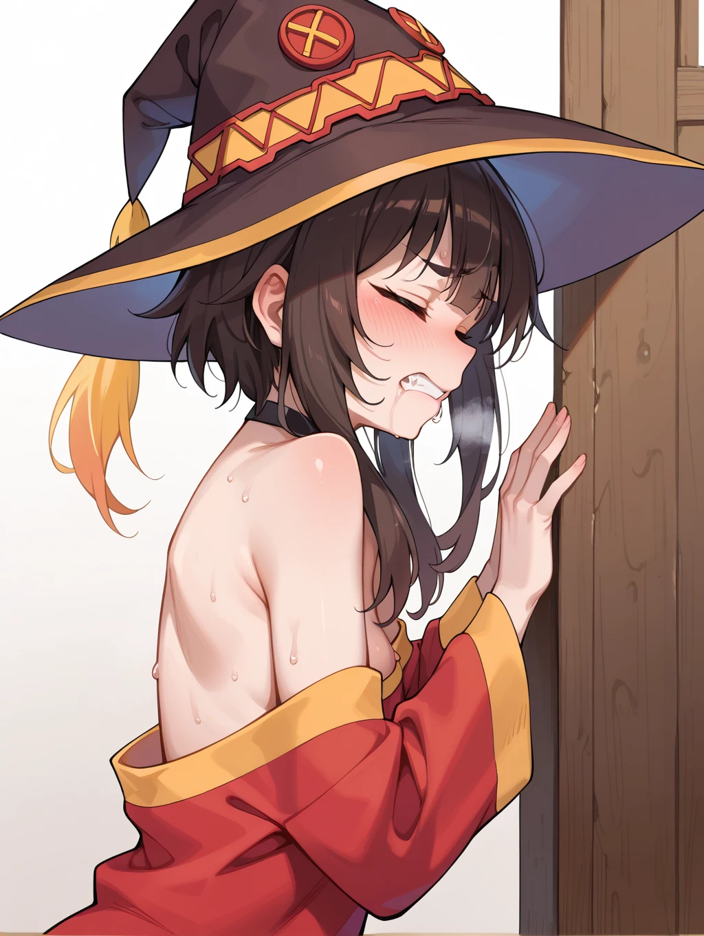 Sweep Tosho (umamusume)、Squat、(tiny chest:1.3)、Witch Hat、blush、smile、Leg spread、(Completely naked:1.3)、In front of the mirror