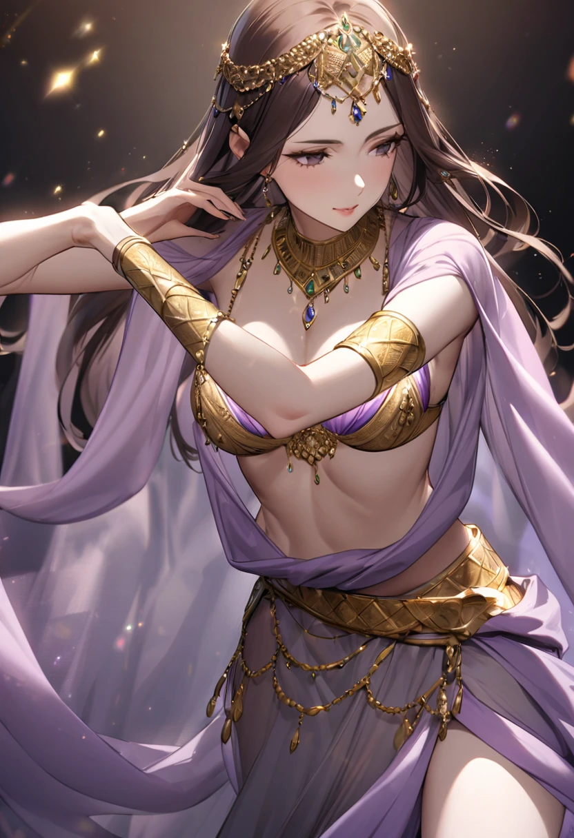 masterpiece, best quality, 1woman, adult, female focus, solo, brown skin, brown hair, long hair, looking at viewer, closed mouth, Fantasy aesthetics, Highly detailed, shadowverse style, dancer attire, belly button reveal attire, black attire, yellow eyes, veil, egyptian aesthetic, big breast, thick, lot of jewelry, belly jewelry