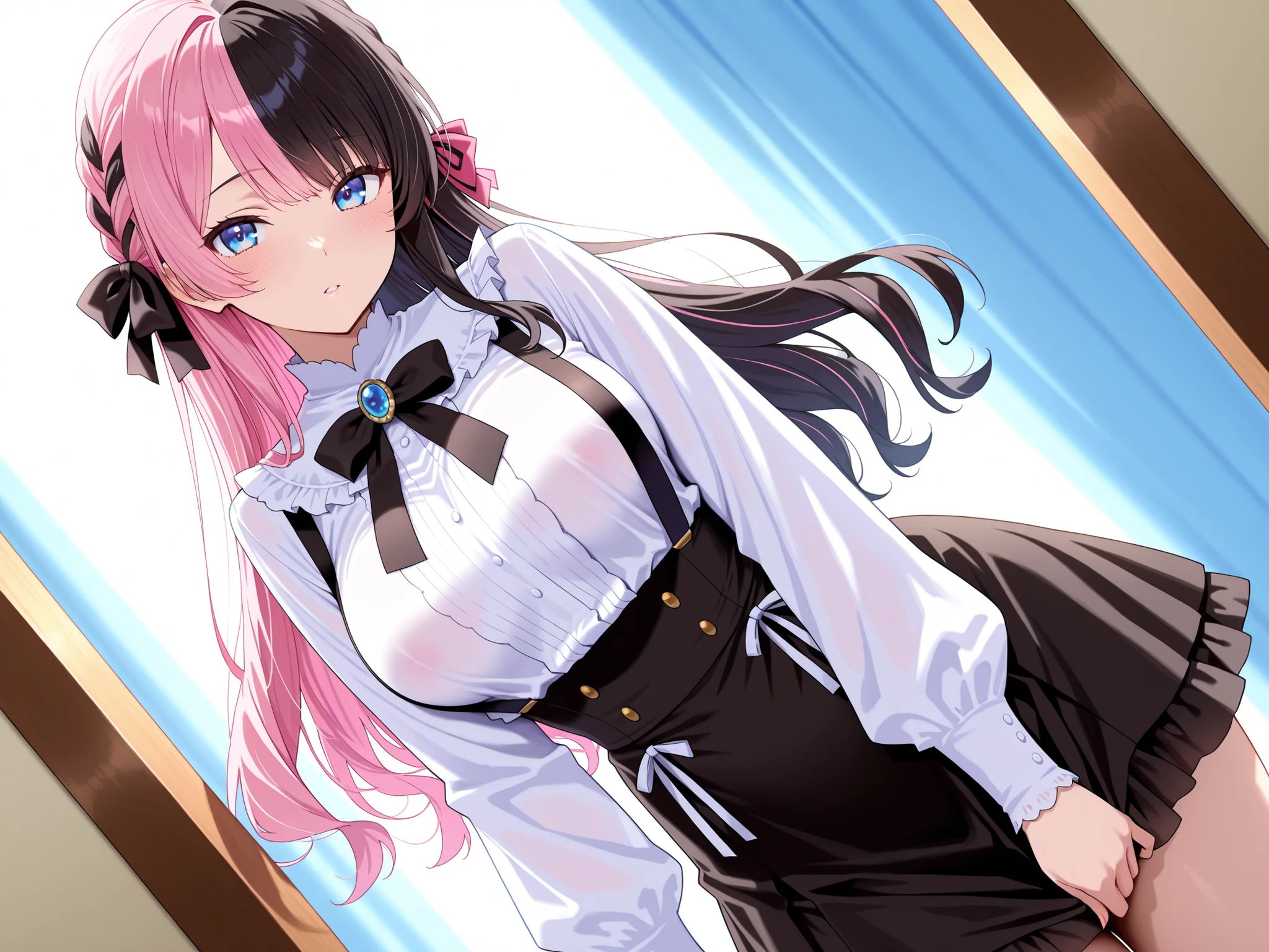 masterpiece,best quality, amazing quality, highres, absurdres, very aesthetic, high resolution, ultra detailed, perfect details,Hinan0Def, blue eyes, (multicolored hair), pink hair, black hair, long hair, french braid, hair bow, black bowtie, brooch, frilled shirt, white shirt, long sleeves, black skirt, suspender skirt,mature female,(masterpiece, detailed:1.2),anime screencap,medium breasts,look at viewer