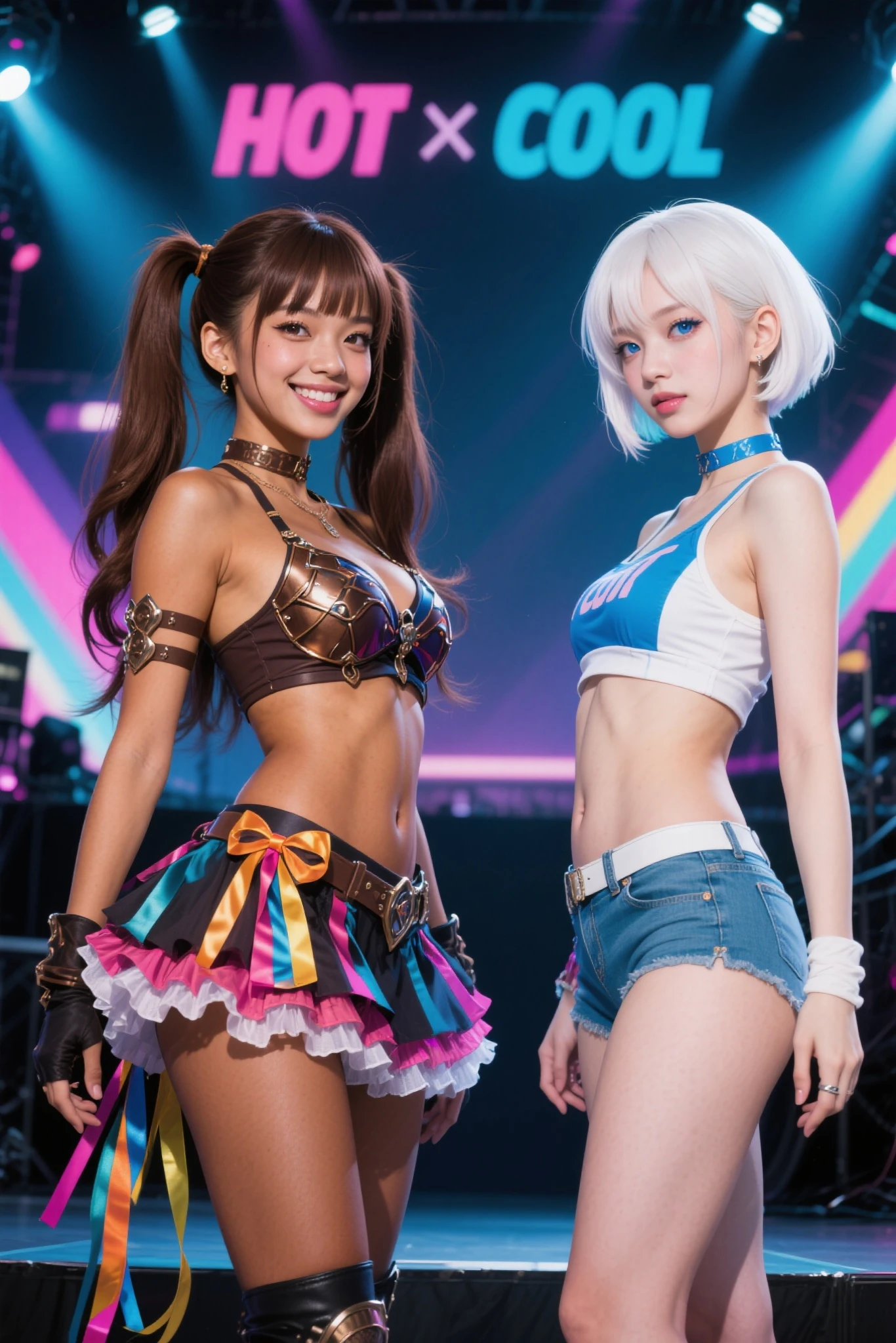 (masterpiece, Best Quality:1.2), 8K, 85 mm, Official art, Raw photo, realistic photo, 2 sisters, silver short hair, (blue eyes, miniskirt, string bra, string panty, big nipples, large areolas, virgin pussy, sweet Lolita:1.2), Idol face, full body, Beautiful Girl, Elegance, Sophisticated, Looking at Viewer, Film grain, chromatic aberration, Sharp Focus, face lights, Dynamic lighting, Cinematic lighting,(( a facial expression full of agony and joy:1.2)), (((tucking up the skirt, cute string panties are visible))), outdoor, live stage, dancing, from below, 14yo,beach