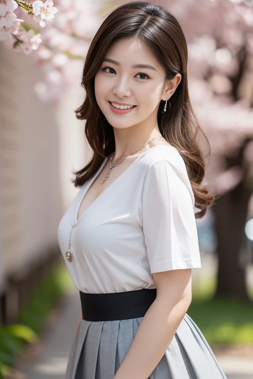 ((highest quality, 8K, Ultra high definition)), ((masterpiece: 1.3)), (Perfect appearance), (Photorealism: 1.6), (JMA), (Portrait of a Japanese mature woman), (Blurred Background: 1.8), (Sunny day in the park), (Woman standing in the shade), ((Looking this way)), ((Realistic skin texture)), (Fine wrinkles all over the skin, Dull skin, Unmoisturized skin, Wrinkles around the eyes, double eyelid, Lower eyelid tear trough, Crying Mole, Dimples), Slightly parted lips, Smiling gently, (Medium wave hairstyle), (A fitted blouse with a wide neckline: 1.2), (Lightweight fabric blouse), (Voluptuous body), (Large Breasts), (Tight long skirt),