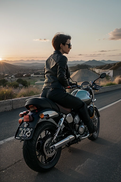 (medium full shot) of a white cruiser motorbike, with mag wheels wheels, leather seat seat, with frame sliders, ridden by a middle-aged woman in a high-altitude road with sharp turns, sheer drops, panoramic vistas, ,Masterpiece,best quality, raw photo, realistic, very aesthetic, dark