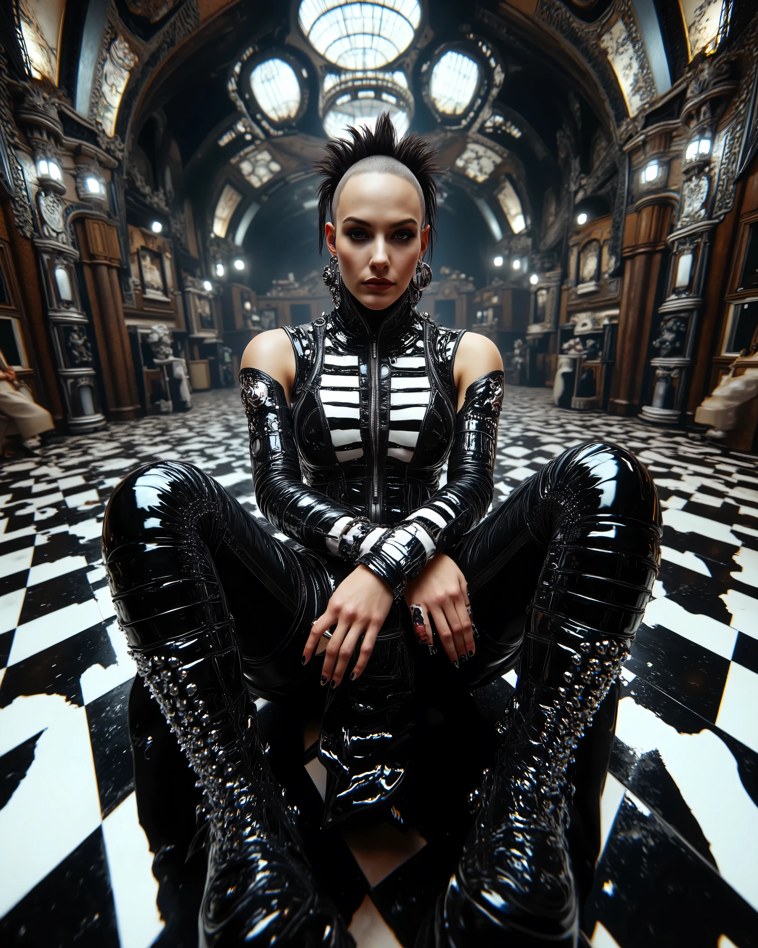 In an environment such as a checkerboard A surreal work that represents a Nordic woman fashion model. The beautiful punk metal woman wears black leather clothing and spikes with huge platform boots that combine intricate details with abstract and geometric shapes, It integrates seamlessly into the environment. with complex, with a surrealistic structure. The person wears black and white striped clothing that combines intricate details with abstract and geometric shapes and a shaved head, The background has a kaleidoscopic effect with black and white patterns. The general environment in their heads is dreamy, that turns the uterus upside down