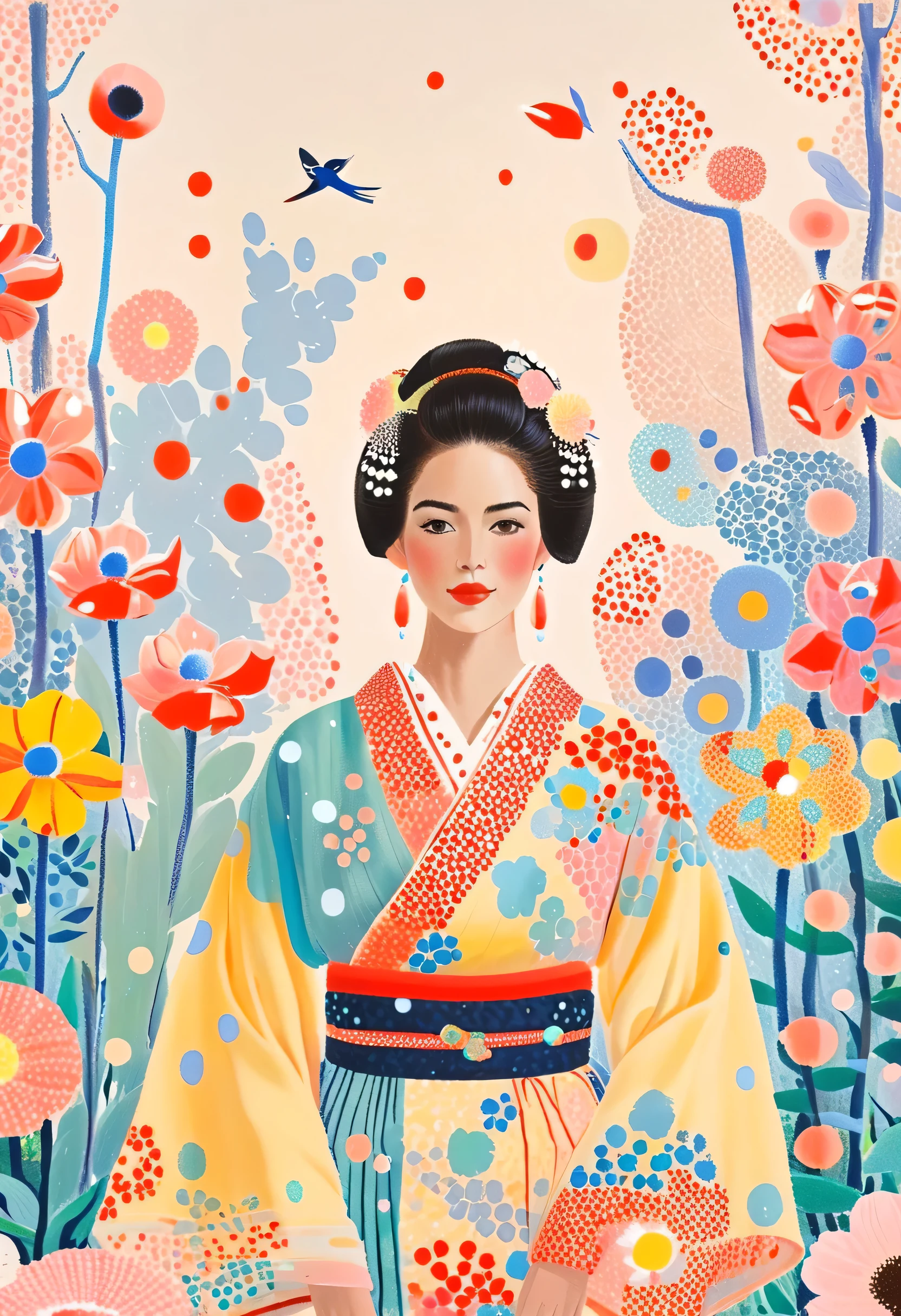 Picture of a Woman Wearing a Colorful Kimono, Beautiful Face、 vivid gouache painting landscape, Whimsical Kimono, Colorful Kimono Belt, Nature Painting, Kimono with Colorful Flowers, Detailed Patterns、 lots of flowers , inspired by Henri Rousseau, Inspired by Pasita Abad