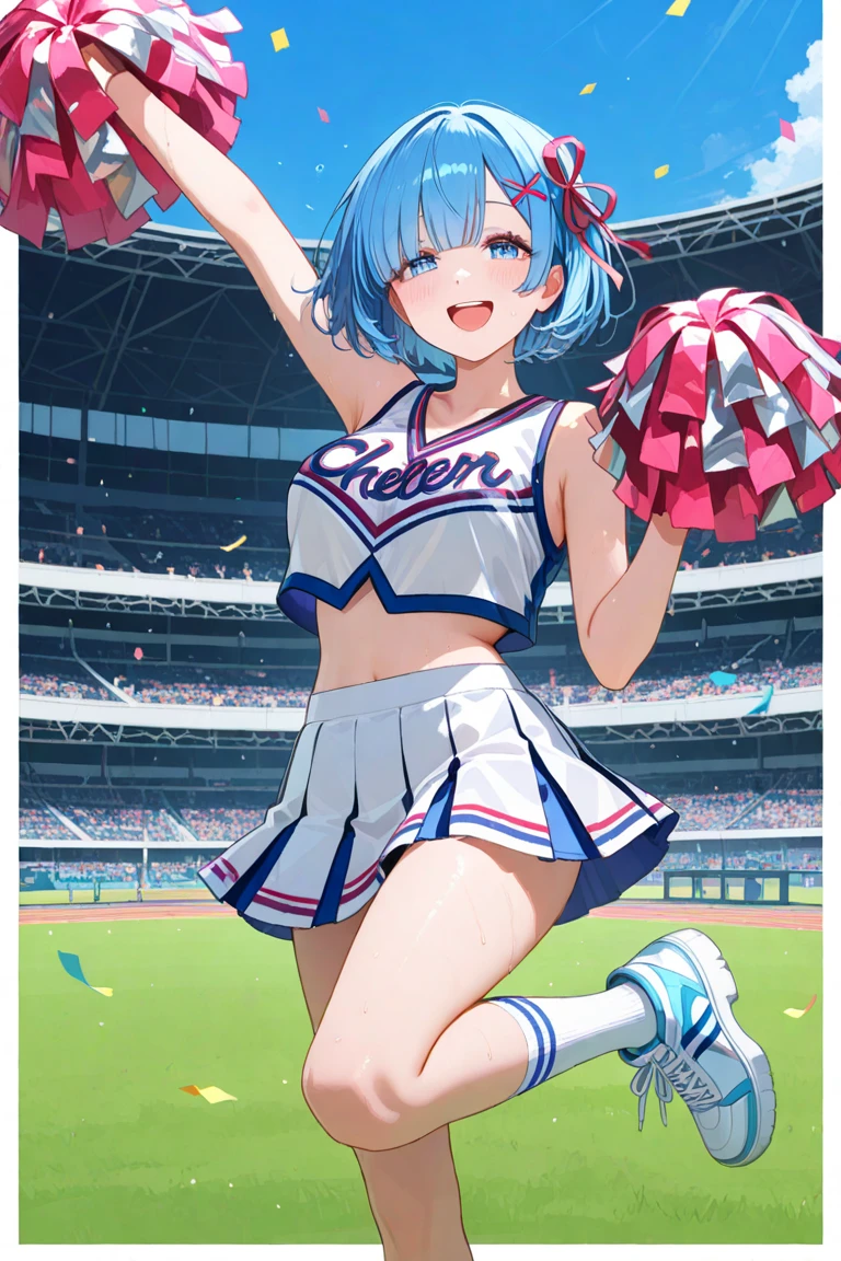 ((High Resolution)), ((Lighting and Color)), ((masterpiece)), ((Focus and Clarity)), ((Sharpness Settings)), ((sexy)), ((Exposure Correction)), ((short skirt)), In a vibrant stadium full of enthusiastic spectators, a stunning woman stands out with her white hair cascading in soft waves over her shoulders. Her blue eyes shine brightly, and her radiant skin adds to her striking presence. She wears a cheerleader uniform with a short skirt and a fitted crop top that highlights her energy and enthusiasm. With great joy, she performs dynamic and precise dance moves, fervently supporting her team as the crowd joins in with cheers of support.