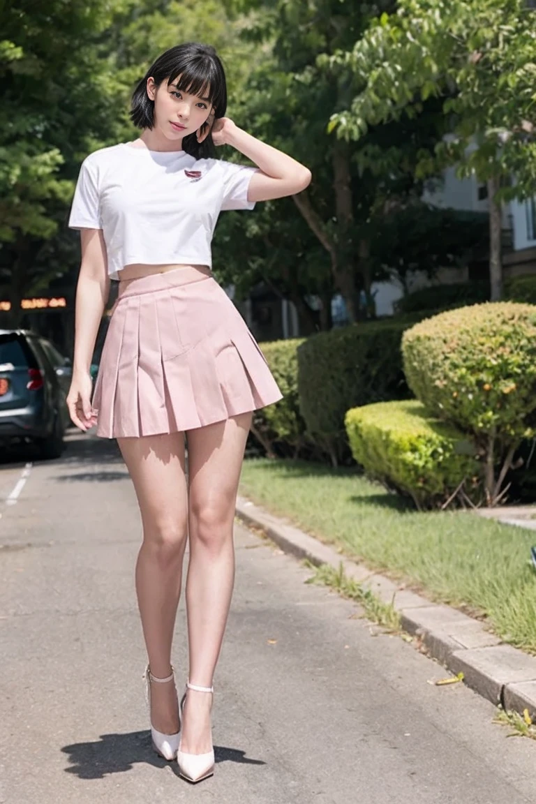 (8k、RAW Photos、Highest quality、masterpiece:1.2)、(Realistic、Realistic)、1 person、((Pink and black、Medium Hair、Garter Ring、mini skirt、Thin legs、whole body、boots、View from the front、Looking into the camera、Night Park、Stand with hands on hips))、cute