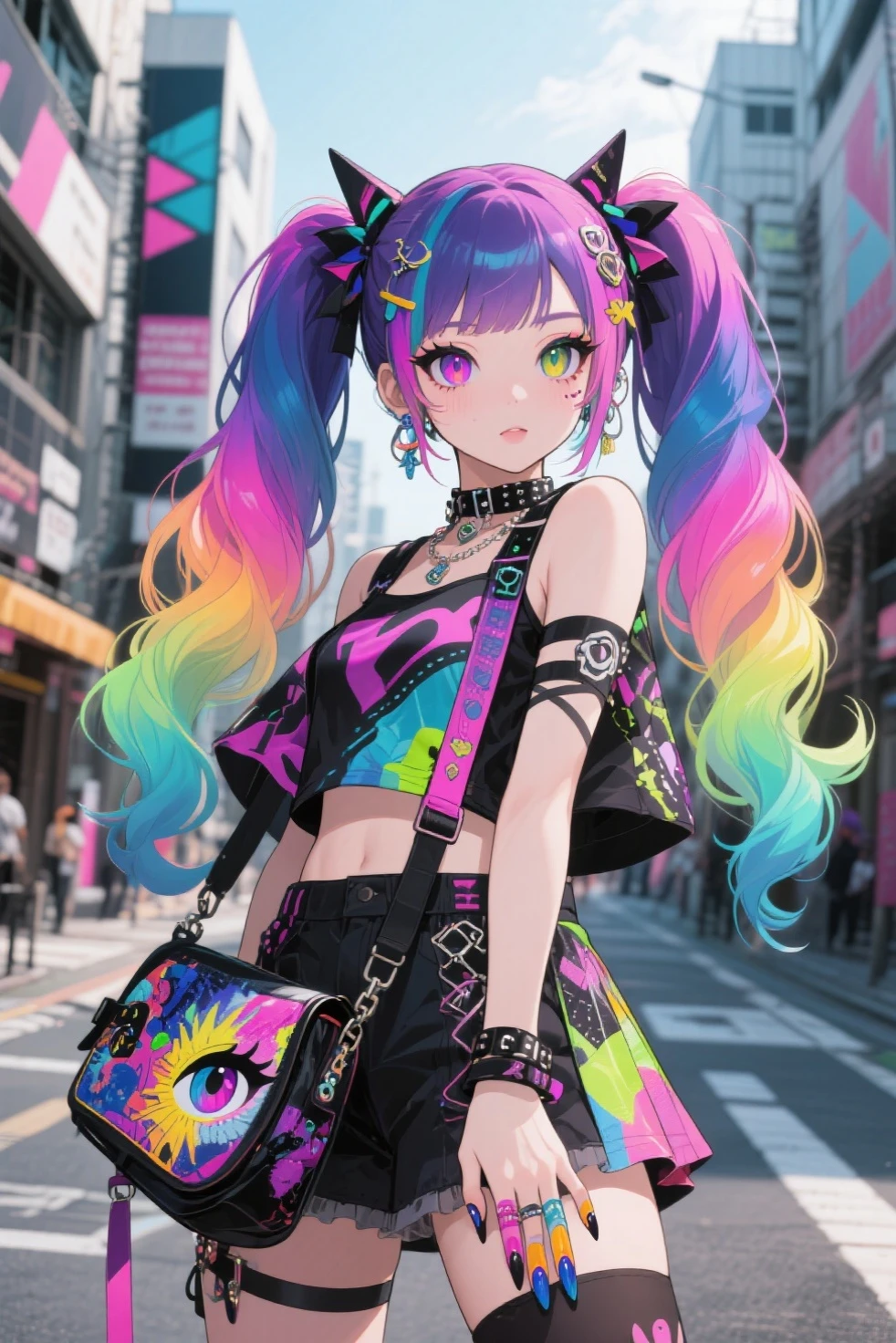 high quality, Masterpiece, Japanese Anime. A beautiful girl in Harajuku style clothes, colorful gradient double ponytail, bold fashion accessories, Art Pack, Uniquely shaped eye makeup, Heterochromatic Eyes , creative nail art, Confident Eye, subtle and mysterious face, Tokyo Street,modern art atmosphere、
