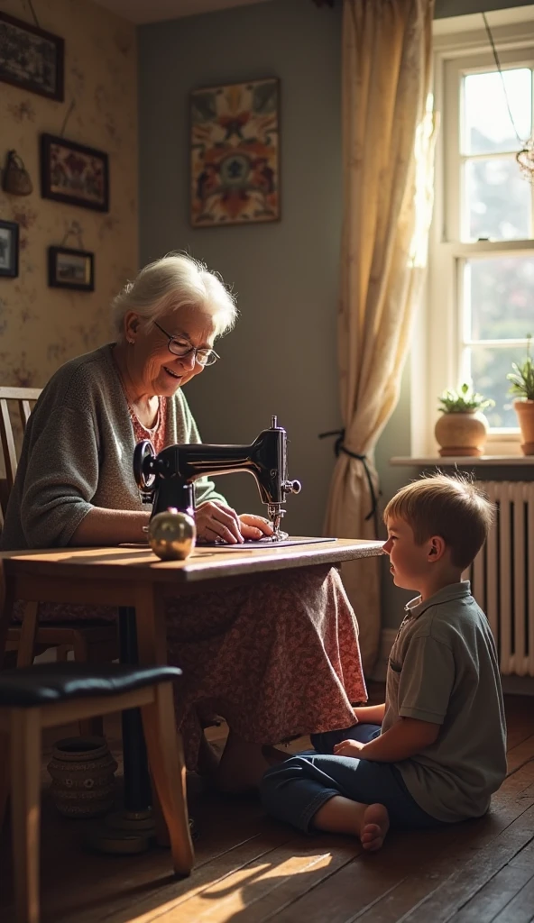 A kind grandma sits in a rocking chair,Sewing needle in hand,She is sewing a small quilt on one side,Smiling at her grandson on the other。The quilt is colorful,The fabric has flower、Star、animal patterns。