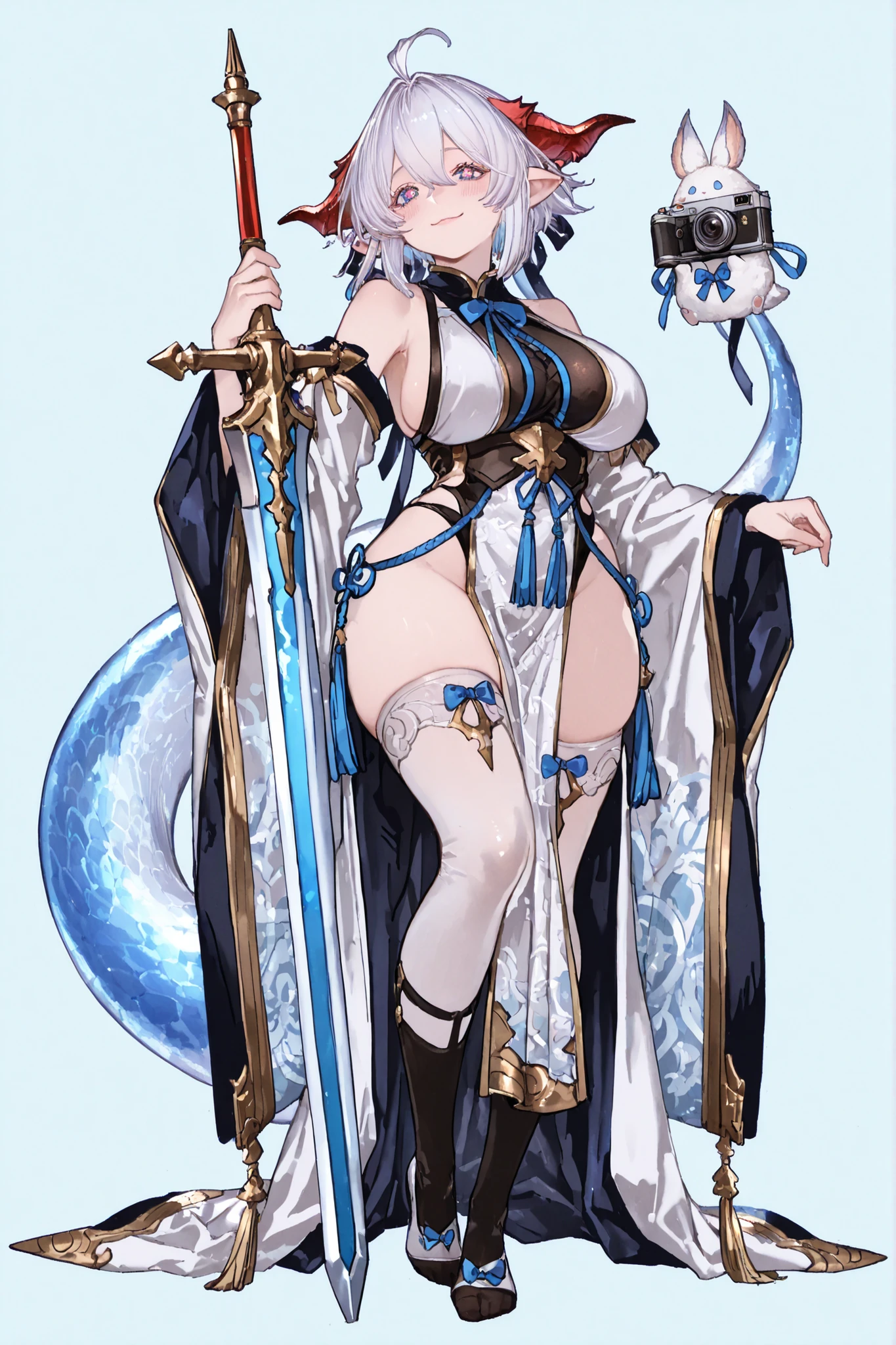 8k wallpaper、 top quality 、masterpiece、 748cm スThailandル 、 woman 1 person 、ribbon 、 pantyhose、 black knee socks 、 strap 、 Thailand、 skirt、 pantyhose、、 white hair with blue lines、pink albino eyelashes 、 long hair、 Underbob 、blue eyes with pink pupils、 Pretty pink Eyes、 wide hips、Protruding thighs 、 very big breasts 、 Light blue background 、fullbody, head to toe, simple background、smile、 high detail, standing up, making a cute photo pose with her hands, pointy ears, blush on her cheeks, cute Wamdus dress with alot of detail, red horn, ,facing at the camera, fullbody, head to toe, showing feet, granblue fantasy wamdus, pelvic curtain dress, sidboob dress, back mermaid tail dress, detailed design, #Anime
#Character Wamdus, #Game Character, #granblue fantasy, gbfwam, short hair, animal ears, ahoge, blue eyes, + +, flower-shaped pupils, wamdef, black and white dress, bare shoulders, sleeveless, waist bow, open coat, gold trim, detached sleeves, wide sleeves, pelvic curtain, white thighhighs with patterns, dress with patterns., holding a sword, long slim model legs and body, milf girl, very long back side tail of the dress with alot of layers of fabric.