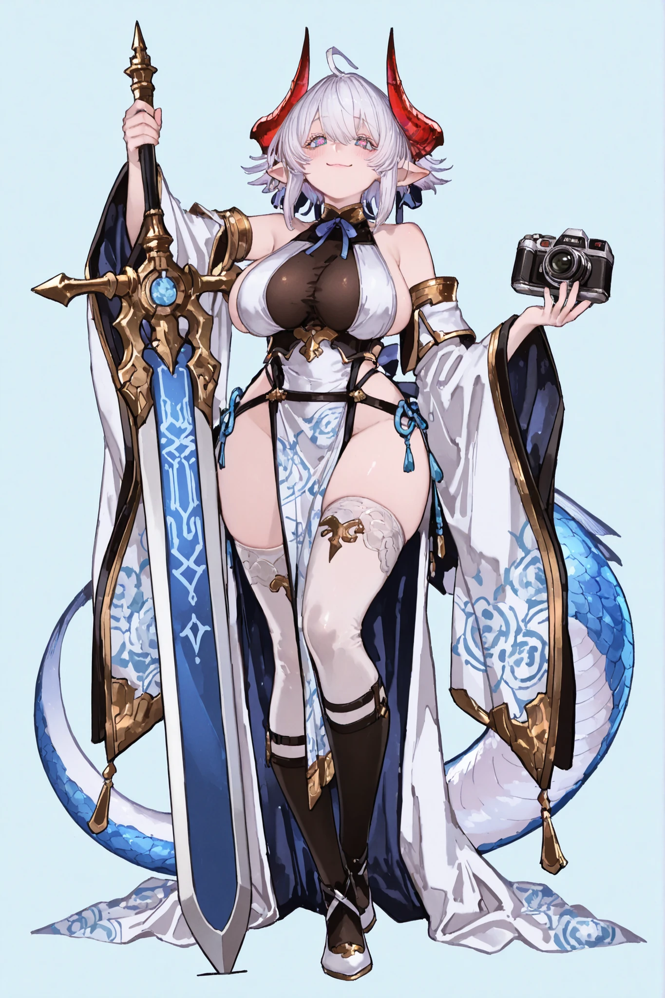 8k wallpaper、 top quality 、masterpiece、 748cm スThailandル 、 woman 1 person 、ribbon 、 pantyhose、 black knee socks 、 strap 、 Thailand、 skirt、 pantyhose、、 white hair with blue lines、pink albino eyelashes 、 long hair、 Underbob 、blue eyes with pink pupils、 Pretty pink Eyes、 wide hips、Protruding thighs 、 very big breasts 、 Light blue background 、fullbody, head to toe, simple background、smile、 high detail, standing up, making a cute photo pose with her hands, pointy ears, blush on her cheeks, cute Wamdus dress with alot of detail, red horn, ,facing at the camera, fullbody, head to toe, showing feet, granblue fantasy wamdus, pelvic curtain dress, sidboob dress, back mermaid tail dress, detailed design, #Anime
#Character Wamdus, #Game Character, #granblue fantasy, gbfwam, short hair, animal ears, ahoge, blue eyes, + +, flower-shaped pupils, wamdef, black and white dress, bare shoulders, sleeveless, waist bow, open coat, gold trim, detached sleeves, wide sleeves, pelvic curtain, white thighhighs with patterns, dress with patterns., holding a sword, long slim model legs and body, milf girl, very long back side tail of the dress with alot of layers of fabric.