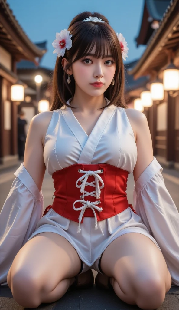 photorealistic, dynamic pose, shot from the ground, high details, 1girl, delicate face, innocent, pale skin, skinny, (butterfly headband,):1.2, (long hair with full bangs):1.2, (((rope choker), modern white kimono, huge rope belt, ((red linen short shorts with open sides):1.2), (black thigh highs)):1.2), panty visible, (small waist):1.3, ((wide thigh gap):1.3, (wide thighs):1.2), masterpiece