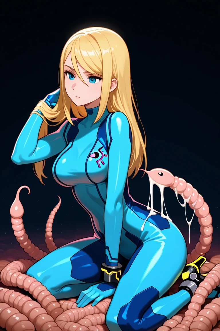 (best quality),female,Samus aran,blond hair,green eyes,zero suit,light blue body suit,upper-body,female coiling slime,Science fiction,ultra-detailed,sharp focus,aesthetic, score_9, score_8_up, score_7_up,source_anime,