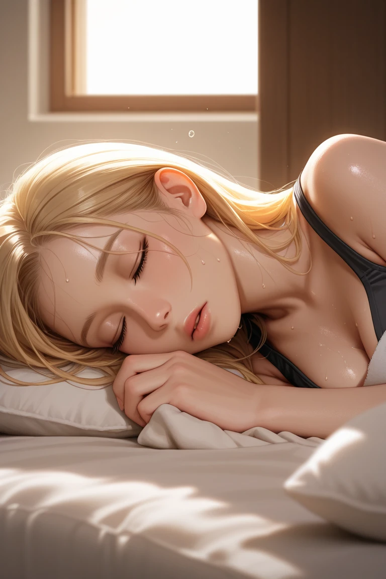 A young woman peacefully sleeps on a bed, her serene face illuminated by soft moonlight filtering through the window. Her delicate features are relaxed, and her gentle breathing creates a sense of calm. She is covered with a cozy, light blanket, her hair cascading over the pillow, blending seamlessly with the fabric. The room is tranquil, with subtle shadows adding depth to the scene, emphasizing the warmth and comfort of her restful slumber.