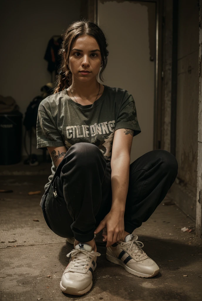Closeup view of an outdoor skinny but extremely athletic and pale emo female prisoner wearing a dark gray (CAP SLEEVE) shirt with poorly and unevenly cut sleeves. She looks extremly like georgina Rodriguez, spanish woman, extremly besutyfull face like georgina Rodriguez. She is tied down to the restraint chair in prison, with her arms tied very high to the ceiling. She is in a situation where she is strapped down to a prison chair with her arms raised by a rope. She is also wearing very loose, flappy, dark gray prison shorts. she has long black hair, bright sunny day