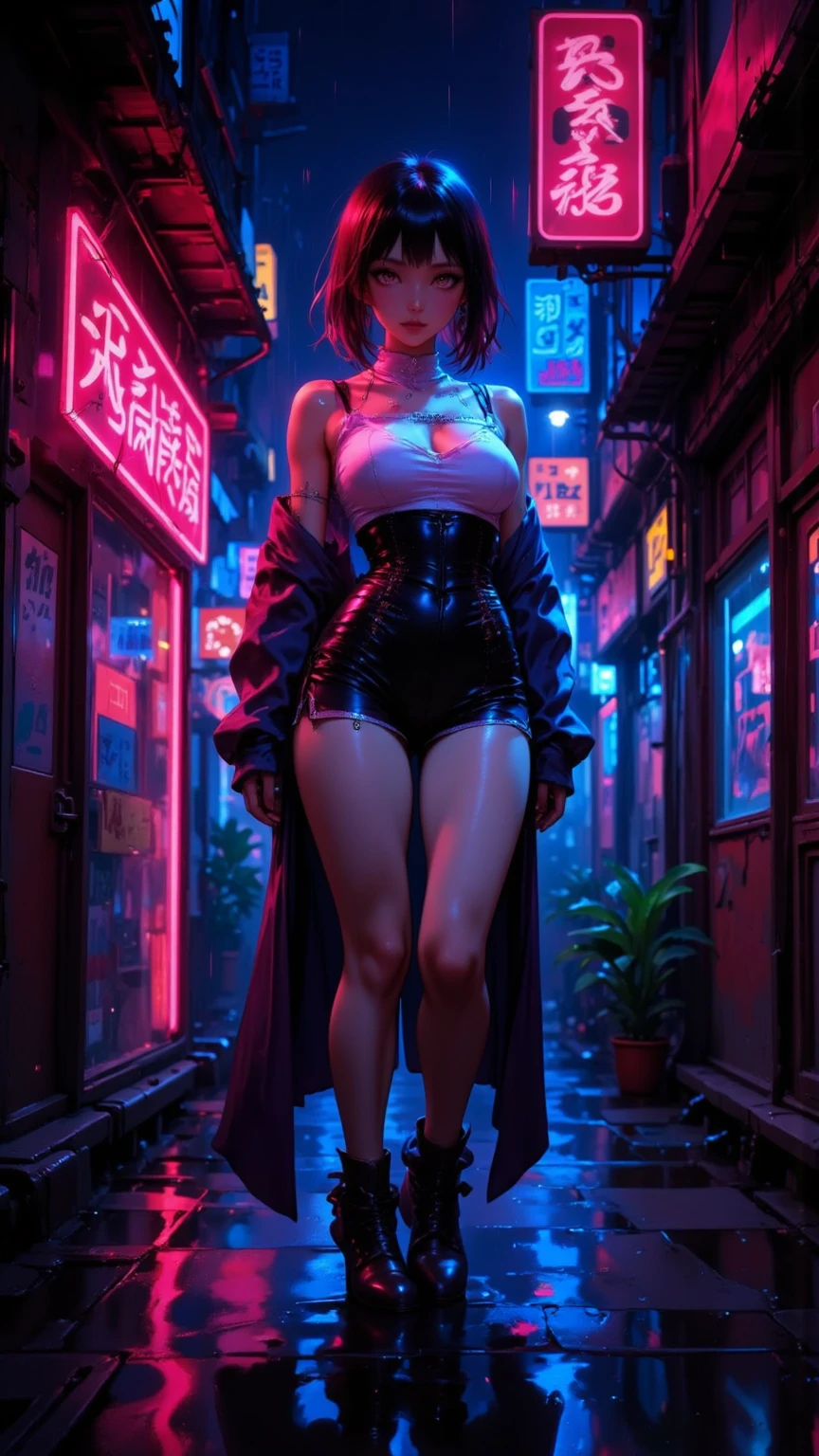 A woman in a pink bikini and a black jacket is sitting on the street, Cyberpunk art style, Cyberpunk 20. Model Girl, hyper-realistic Cyberpunk Style, Cyberpunk atmosphere, Cyberpunk Style ， Surreal, Cyberpunk beautiful girl, Cyberpunk art ultrarealistic 8k, Cyberpunk Girl, Cyberpunk art, Cyberpunk Anime Girl, in Cyberpunk Style, cyberpunk judy alvarez